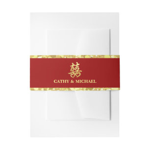 Bandeau De Faire-part Mariage chinois rouge or paillettes double bonheur