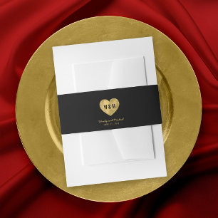 Bandeau De Faire-part Mariage Coeur en Faux Or Monogramme Noir