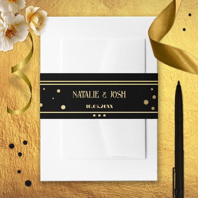 Bandeau De Faire-part Mariage Confetti Noir Or (Wedding invitation belly band featuring a stylish gold and black design with sparkling confetti.)