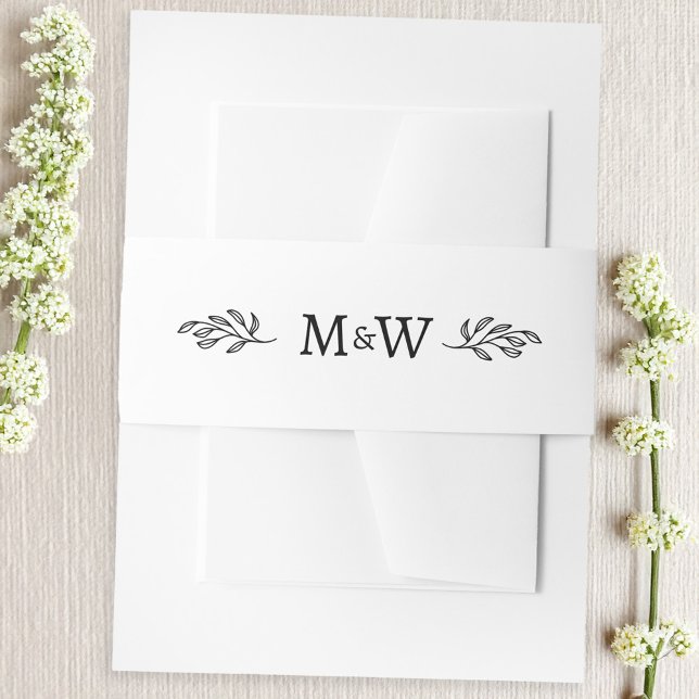 Bandeau De Faire-part Mariage Couple Monogramme Élégant Botanique (Modern wedding couple initials monogram with botanical leaf sprig belly band)