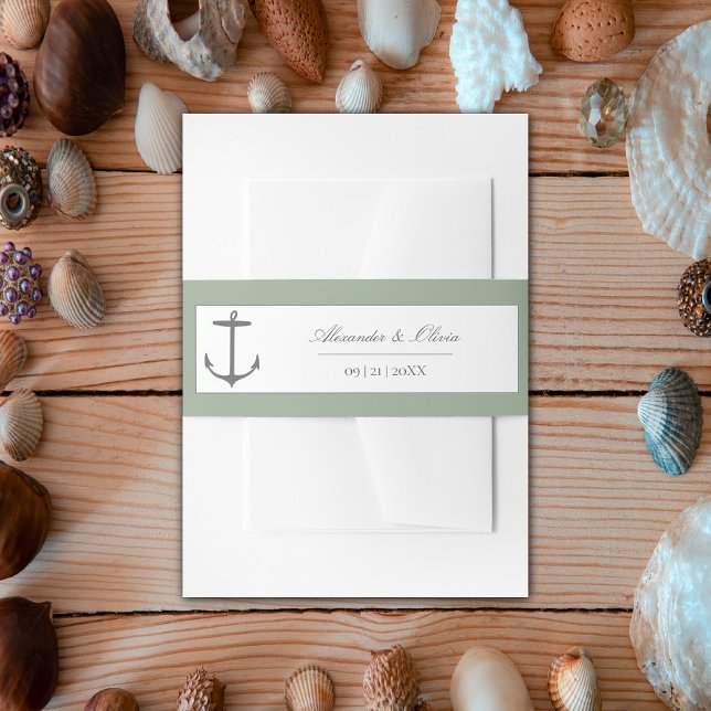 Bandeau De Faire-part Mariage d'Ancres nautiques simple | Sage Green (Sage Green Simple Nautical Anchor Wedding Invitation Belly Band)