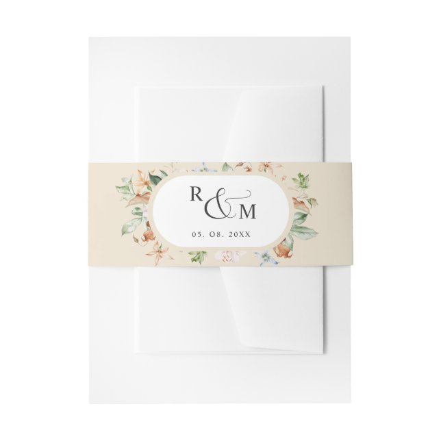 Bandeau De Faire-part Mariage de monogramme beige ovale des fleurs de te (Devant example)