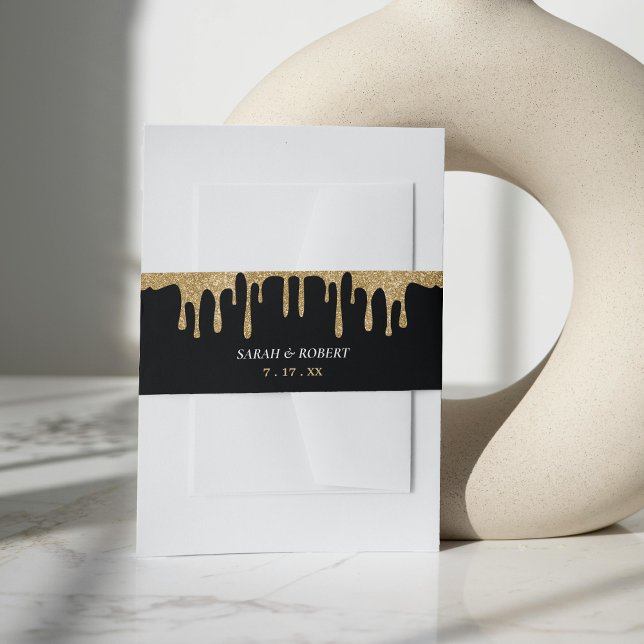 Bandeau De Faire-part Mariage de Parties scintillant Black & Gold (Black & Gold Glitter Drip Wedding Invitation Belly Band)