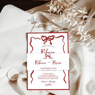 Bandeau De Faire-part Mariage d'esquisse de ruban à ruban à main rouge