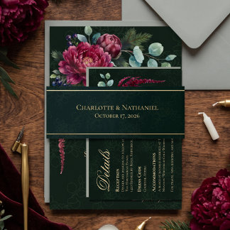 Bandeau De Faire-part Mariage Élégant Floral Profond Vert Sombre