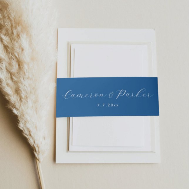 Bandeau De Faire-part Mariage élégant Navy Blue Script Names (Navy Blue Script Belly Band to match the Oyster Collection from Concertina Press)