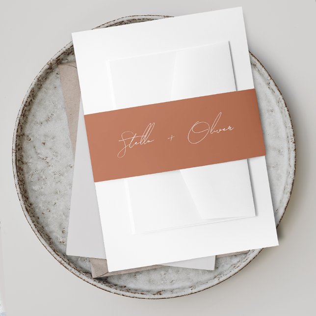 Bandeau De Faire-part Mariage Élégant Rustique Noms de Script en Terraco (Elegant Rustic Terracotta Script Names Wedding Invitation Belly Band)