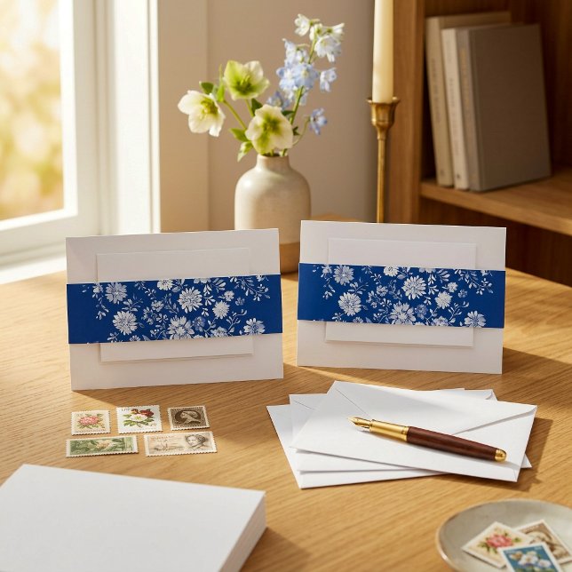 Bandeau De Faire-part Mariage Fleurs Bleu Marine (Navy Blue Floral Wedding Invitation Belly Band.)