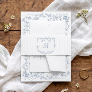 Bandeau De Faire-part Mariage Fleurs Françaises Rayures Bleu Poussiéreux