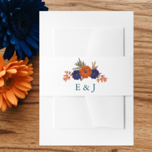 Bandeau De Faire-part Mariage Floral Automnal Rustique Orange Bleu Marin