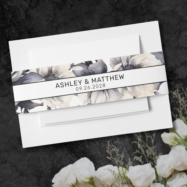 Bandeau De Faire-part Mariage floral moderne noir et blanc élégant (Black And White Modern Elegant Floral Wedding Invitation Belly Band)