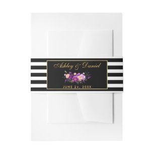 Bandeau De Faire-part Mariage Floral Violet Or Noir Rayures