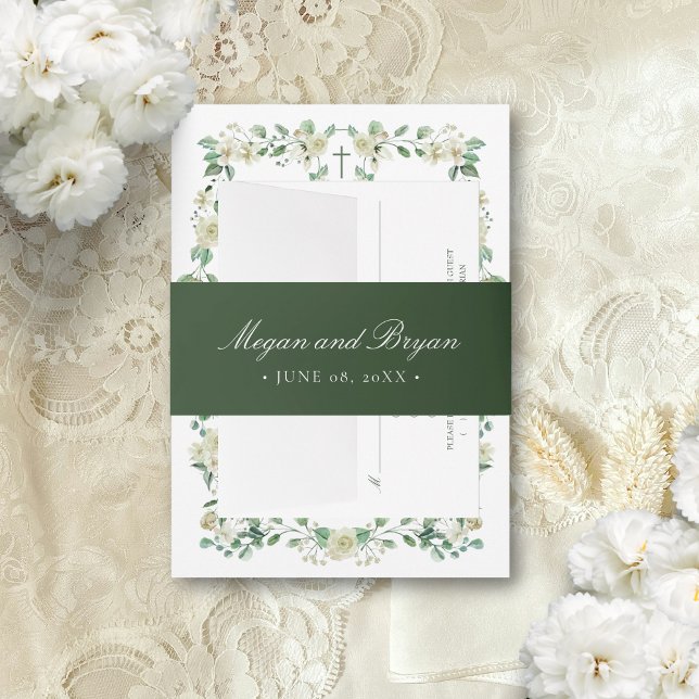Bandeau De Faire-part Mariage Megan Elegant Simple Sage Green Names (Forest green belly band pictured assembled with the Megan Catholic wedding invitation suite.)