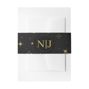 Bandeau De Faire-part Mariage Moderne Céleste Lune Étoiles Noir et Or