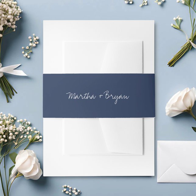 Bandeau De Faire-part Mariage Moderne Simple et Classique Bleu Nuit et B (Simple classic navy blue and white belly band adds a modern, polished touch to invitations.)