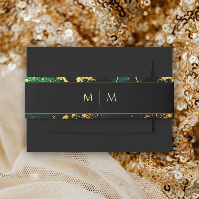 Bandeau De Faire-part Mariage monogramme Black Green Gold (Black Green Gold Monogrammed Wedding Invitation Belly Band)