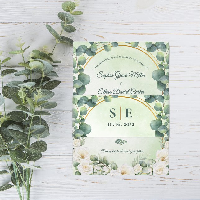 Bandeau De Faire-part Mariage Monogramme Botanique Eucalyptus Verdure (Greenery Eucalyptus Botanical Monogram Wedding Invitation Belly Band)