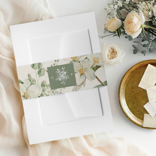 Bandeau De Faire-part Mariage Monogramme Fleur Blanche Sauge Verte (Créateur téléchargé)
