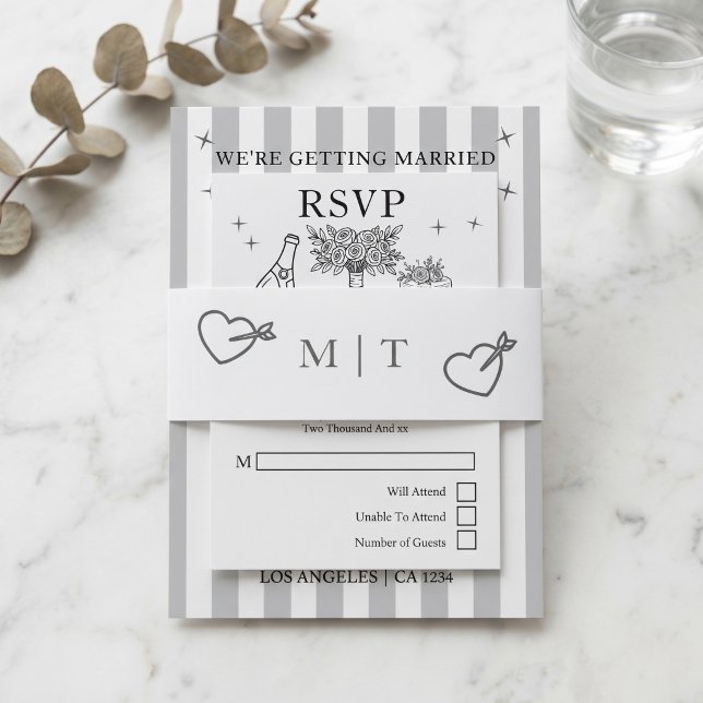 Bandeau De Faire-part Mariage Monogrammé Gris et Blanc  (Wedding Monogrammed Grey and White Invitation Belly Band
by Ricaso. Modern and chic simple hearts)