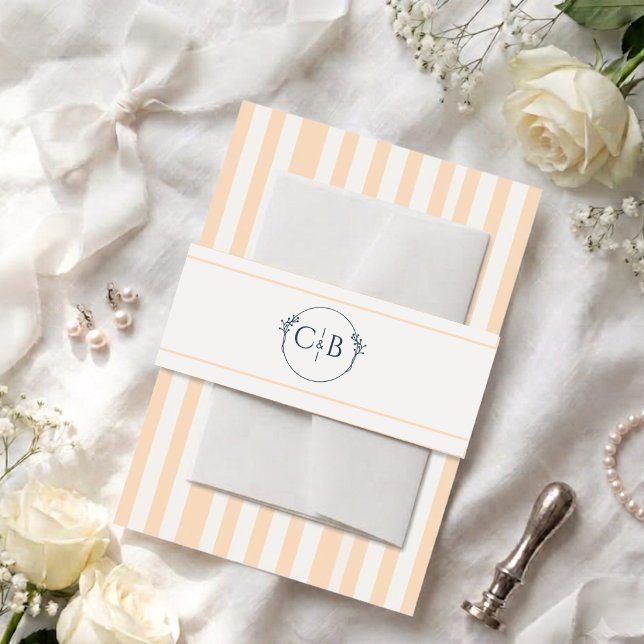 Bandeau De Faire-part Mariage Monogrammé rayé pêche et crème  (Créateur téléchargé)