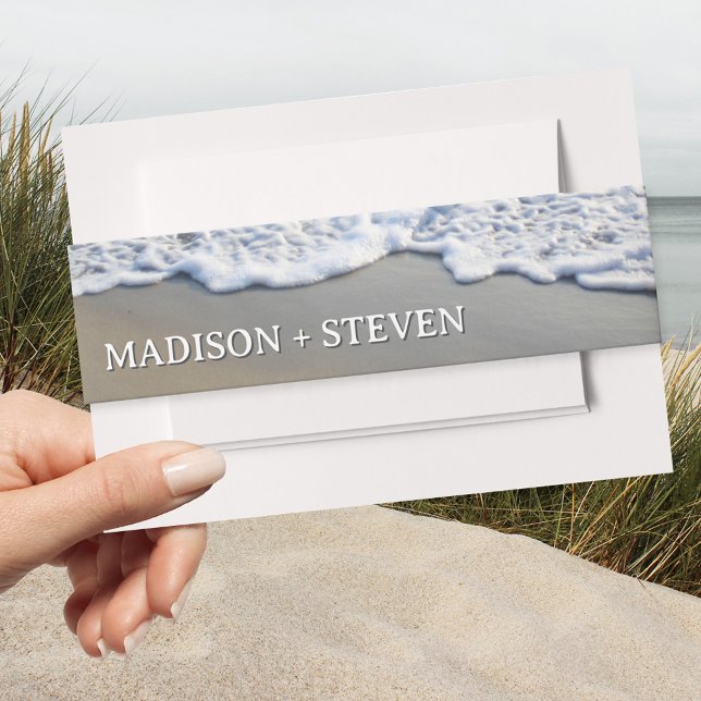 Bandeau De Faire-part Mariage plage simple et élégant (Elegant wedding invitation belly band featuring a painting of waves on the beach.)