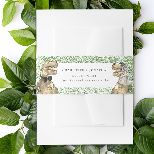 Bandeau De Faire-part Mariage sur mesure sur le thème des dinosaures (Dinosaur bride and groom custom wedding invitation belly bands Watercolor foliage Jurassic T-Rex )