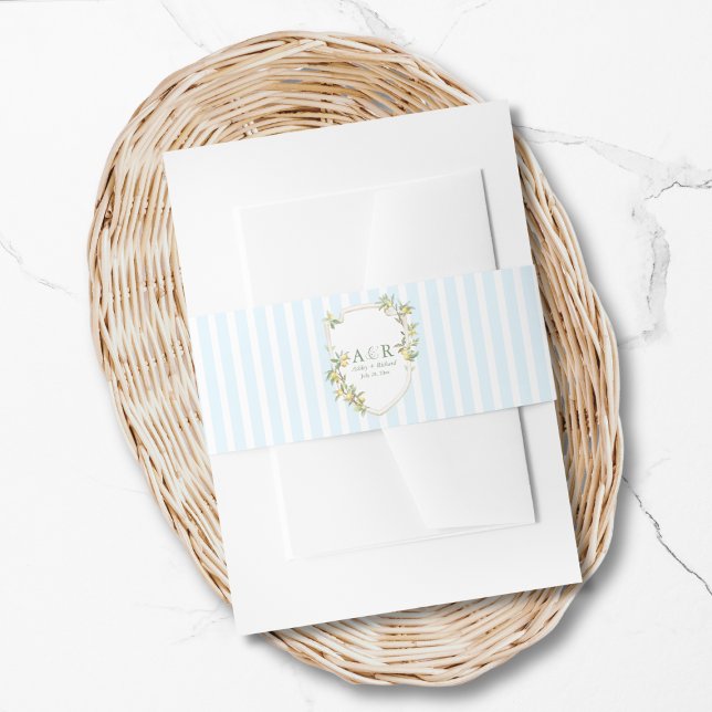 Bandeau De Faire-part Mediterranean Coastal Lemon Wedding (elegant mediterranean lemon crest coastal pale blue white stripe wedding invitation belly band)