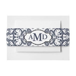 Bandeau De Faire-part Monogram Bleu Opulence Floral Damassé