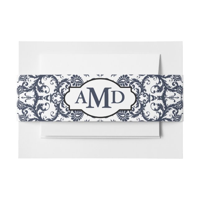 Bandeau De Faire-part Monogram Bleu Opulence Floral Damassé (Devant Example)
