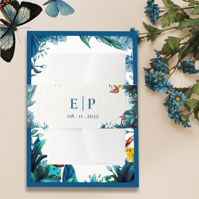Bandeau De Faire-part Monogram Blue Green Botanical Butterfly Wedding (Monogram Blue Green Botanical Butterfly Wedding Invitation Belly Band)
