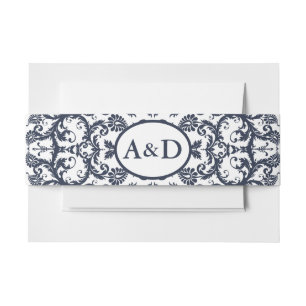 Bandeau De Faire-part Monogram Navy Blue Floral Damask