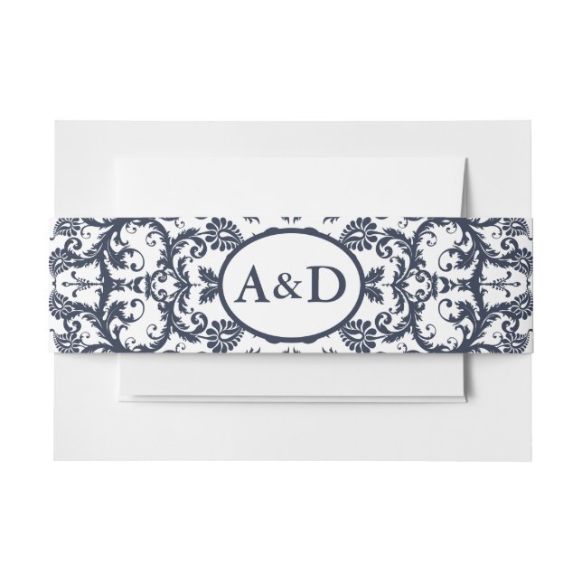 Bandeau De Faire-part Monogram Navy Blue Floral Damask (Devant Example)