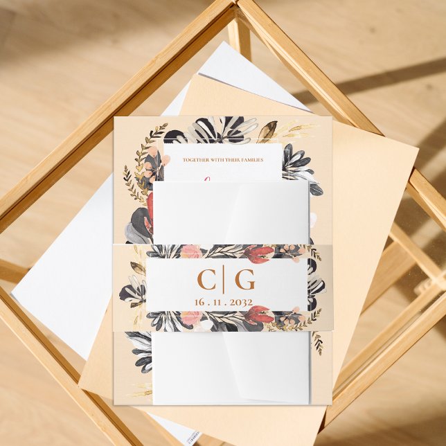 Bandeau De Faire-part Monogramme & Date Blush et Black Floral Mariage (Monogram & Date Blush and Black Floral Wedding Invitation Belly Band)
