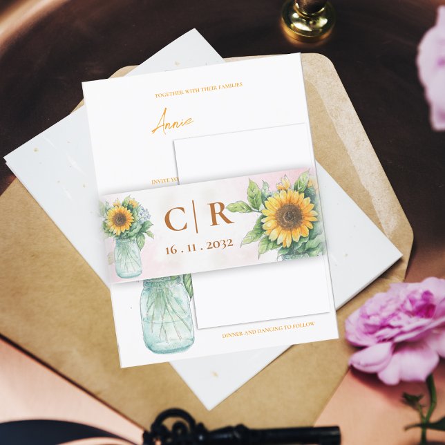 Bandeau De Faire-part Monogramme & Date  Pot Mason Jar Mariage    (Monogram & Date Sunflower Mason Jar Wedding Invitation Belly Band)