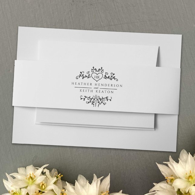 Bandeau De Faire-part monogramme de la feuille cardiaque mariage noir bl (Créateur téléchargé)