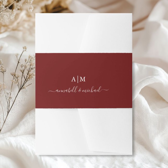 Bandeau De Faire-part Monogramme, Écriture Manuscrite, Rouge Élégant (Personalized, Monogram, Handwriting, Elegant Red Invitation Belly Band)