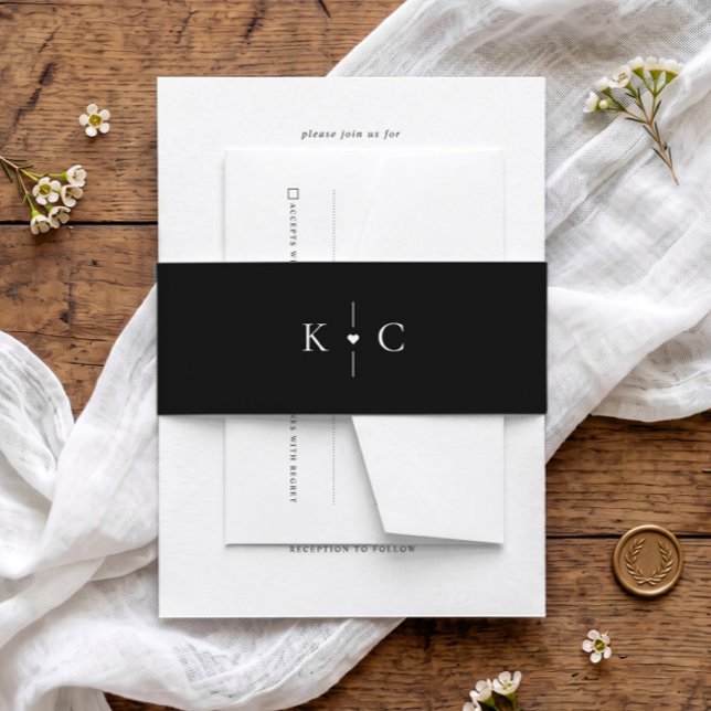 Bandeau De Faire-part Monogramme Initiales Modernes Cœur Mariage (Elegant black with white text wedding invitation belly band with initials & heart.)