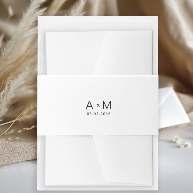 Bandeau De Faire-part Monogramme minimal blanc (Minimal Monogram White Invitation Belly Band with your monogram and date.)