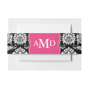 Bandeau De Faire-part Monogramme noir rose et blanc vintage Damas