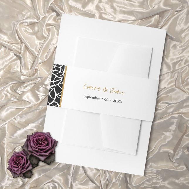 Bandeau De Faire-part Noms des frontières botaniques noirs blancs Date (White Black Botanical Border Names Date Invitation Belly Band)