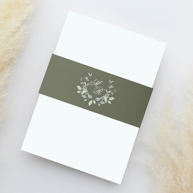 Bandeau De Faire-part Olive Green Élégant Monogramme de mariage (Olive green laurel leaf motif monogram belly band. )