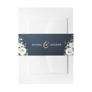 Bandeau De Faire-part Or moderne et bleu marine mariage floral blanc