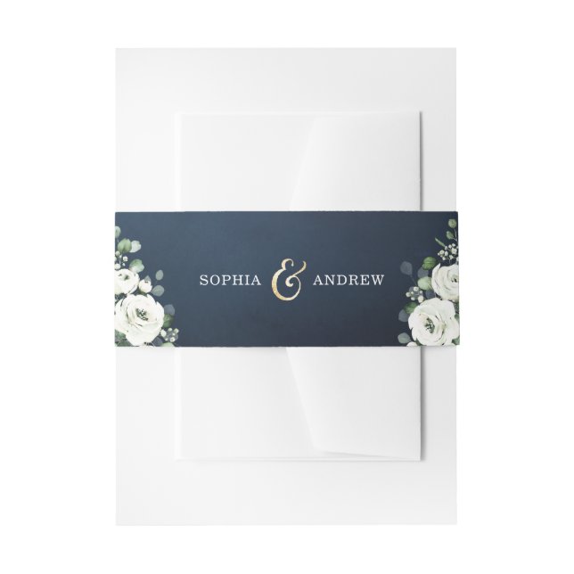 Bandeau De Faire-part Or moderne et bleu marine mariage floral blanc (Devant example)
