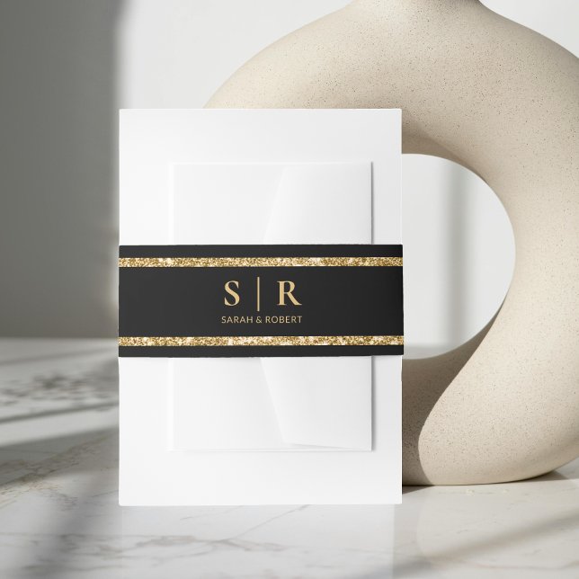 Bandeau De Faire-part Parties scintillant noir et or Monogramme Mariage  (Black & Gold Glitter Monogram Initial Wedding Invitation Belly Band)