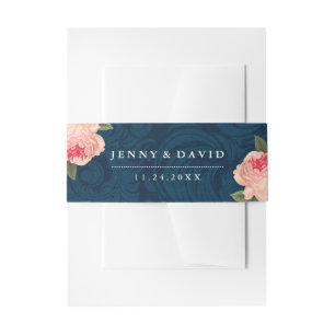 Bandeau De Faire-part Peonies de corail et bandes de ventre bleu marine