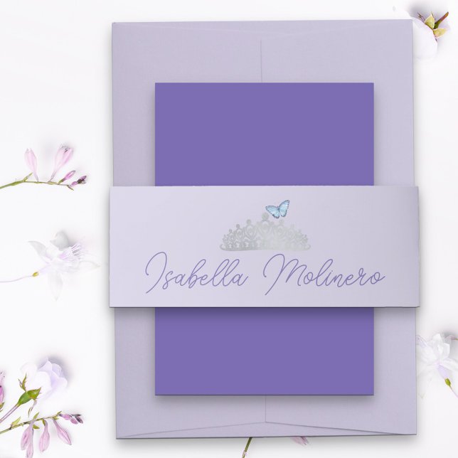 Bandeau De Faire-part Princess Tiara Light violet et argent (Light purple belly band with dark purple handwritten script)