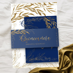 Bandeau De Faire-part Quinceanera Bleu Royal Feuille d'Or et Confettis