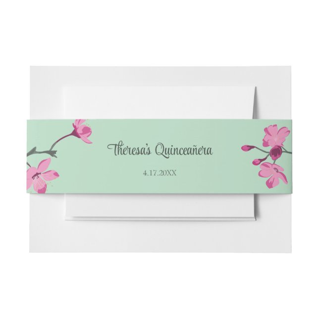 Bandeau De Faire-part Quinceanera en fleurs de cerisier rose et menthe v (Devant Example)