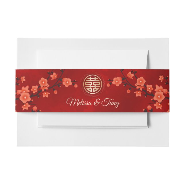 Bandeau De Faire-part Red Cherry Blossoms Gold Mariage chinois personnal (Devant Example)