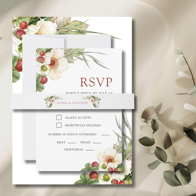 Bandeau De Faire-part Rose blanche et Mariage de fraises sauvages (White Rose and Wild Strawberry Wedding Invitation Belly Band)